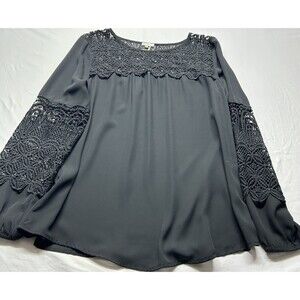 Sioni Black Boho Chic Sheer Lace Round Neck Long Sleeve Blouse Sz M